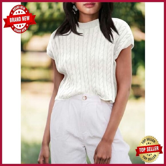 Cable Knit Cropped Sweater Vest Cap Sleeve Pullover Loose Fit - Picture 4 of 5